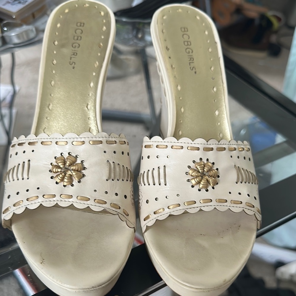 BCBGirls Cream and Gold Mules with Elegant Design